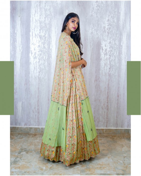 Mint Green Knife pleated skirt with a crop top & Cape (TZ1008)