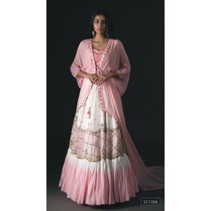 Off-White & Pink Embellished bustier with gathered skirt and an open trail cape. (SC1006)