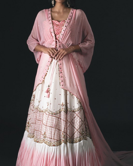 Off-White & Pink Embellished bustier with gathered skirt and an open trail cape. (SC1006) Off-White & Pink Embellished bustier with gathered skirt and an open trail cape. (SC1006)