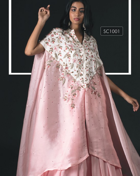 Off-White & Pink Oversized cape with pleated Palazzo. (SC1001)