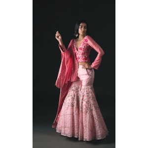 Pink Crop Top with tiered garara and drape.(SC1008)