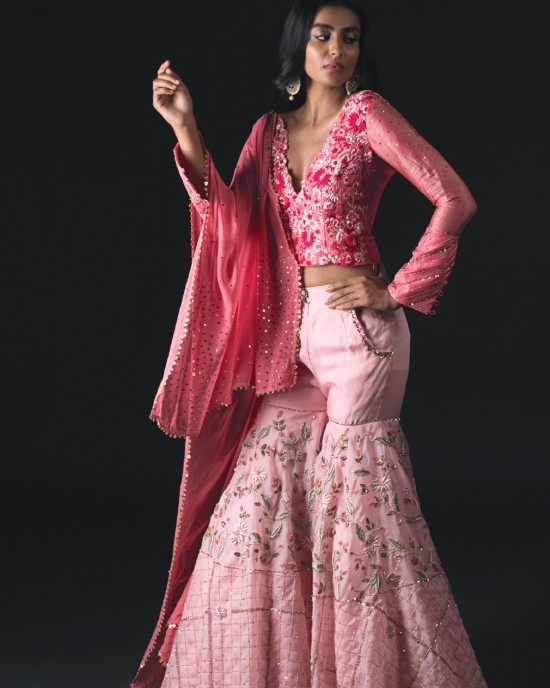 Pink Crop Top with tiered garara and drape.(SC1008)