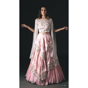 Off-White & Pink Crop Top with cape sleeves and layered Skirt. (SC1002)
