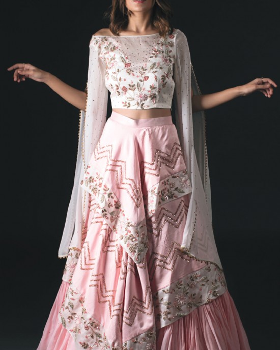 Off-White & Pink Crop Top with cape sleeves and layered Skirt. (SC1002)