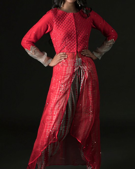 Red & Green C-cut Kurta paired with a dhoti (SC2005)