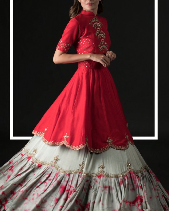 Red & Green Mid length peplum with box pleated skirt (SC2002)
