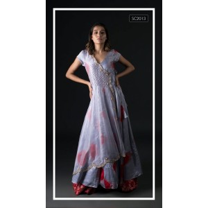Red & Lavender Surplice neck panel kurta with overcoat & a garara (SC2013)