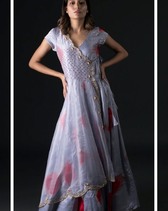 Red & Lavender Surplice neck panel kurta with overcoat & a garara (SC2013) Red & Lavender Surplice neck panel kurta with overcoat & a garara (SC2013)
