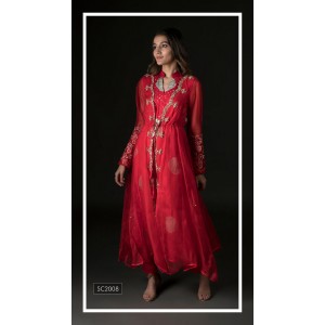Red & Green Kurta with an open jacket & a narrow pant(SC2008)