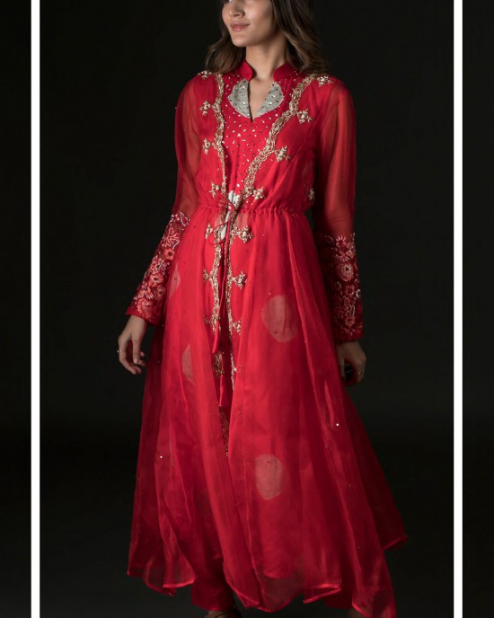 Red & Green Kurta with an open jacket & a narrow pant(SC2008) Red & Green Kurta with an open jacket & a narrow pant(SC2008)