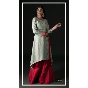 Red & Green Long Kurta with a high slit & flared palazzo (SC2004)