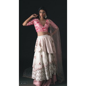 Off-White & Pink Multi layered skirt with heavy blouse & dupatta. (SC1012)