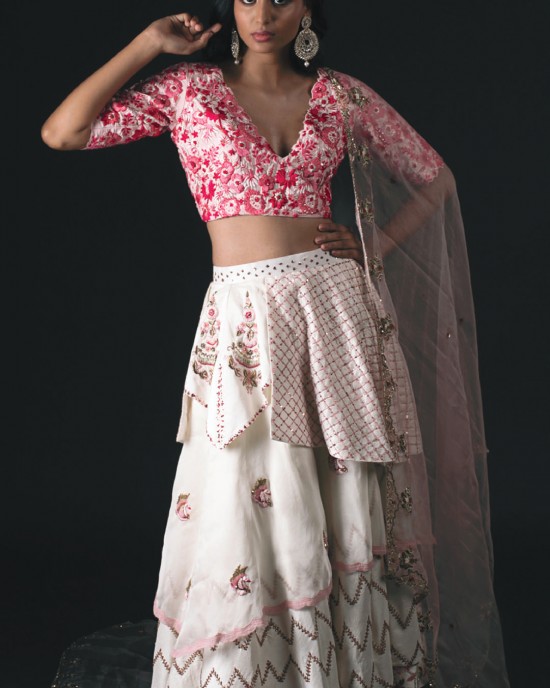 Off-White & Pink Multi layered skirt with heavy blouse & dupatta. (SC1012)