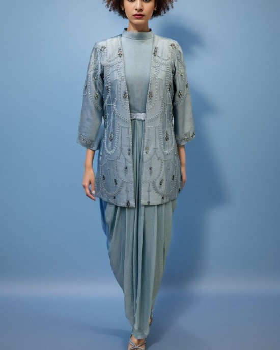 Sky Blue Long inner with Short Jacket and Belt(IRA1006)