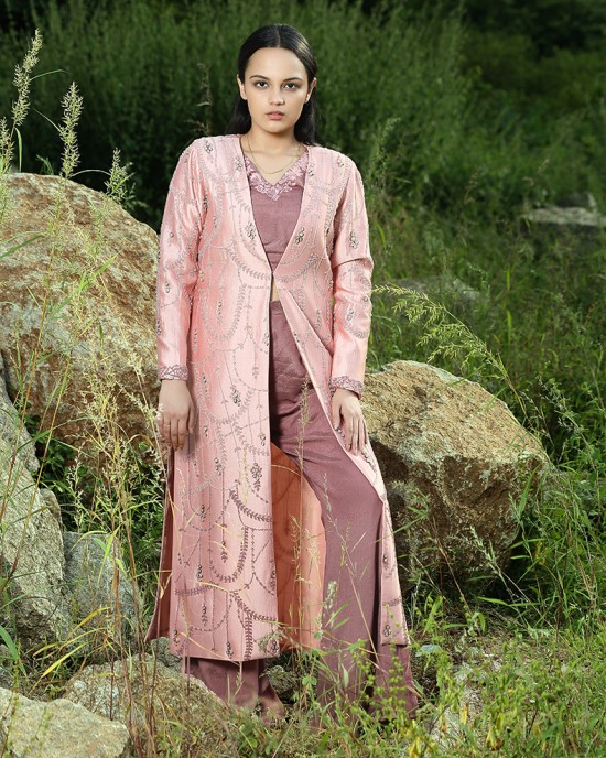 Onion Pink Jacket with Pant & Crop Top(IRA1002)