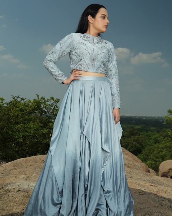 Sky Blue Crop Top with Skirt (IRA1005)