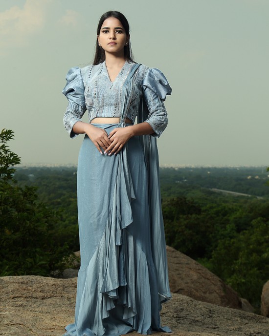 Frost Blue Blouse Paired with Drape Saree(IRA1007)