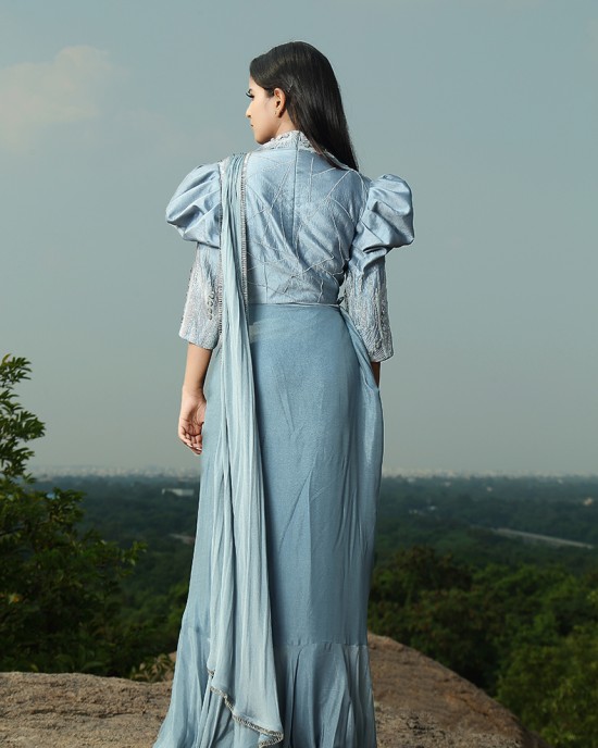 Frost Blue Blouse Paired with Drape Saree(IRA1007)