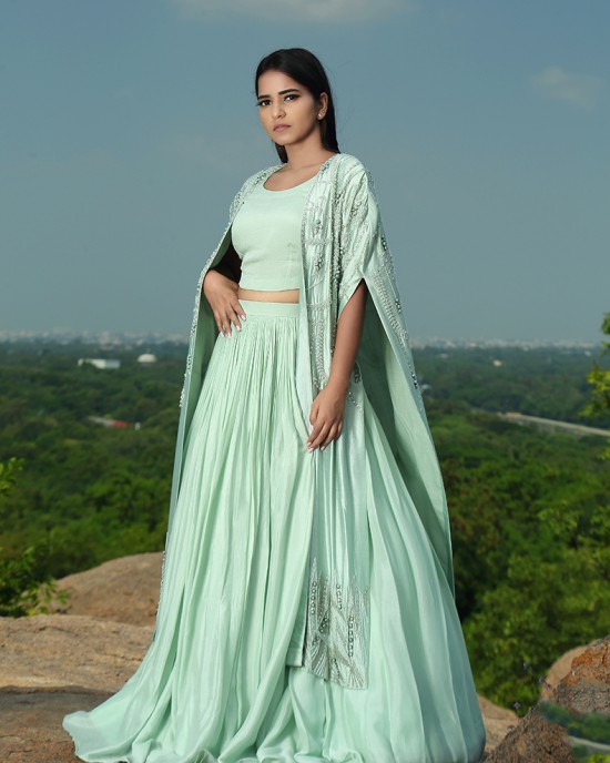 Mint Green Skirt & Crop Top paired with a Cape(IRA1008)
