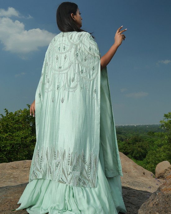 Mint Green Skirt & Crop Top paired with a Cape(IRA1008)