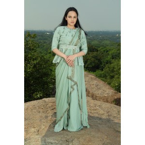 Mint Green Jacket paired with Drape Saree & Belt(IRA1009)