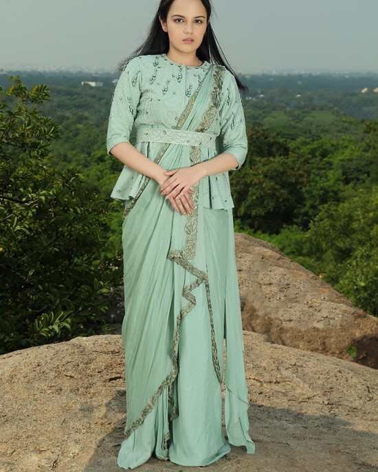 Mint Green Jacket paired with Drape Saree & Belt(IRA1009)