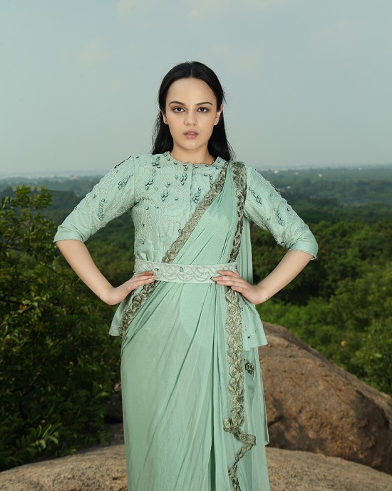 Mint Green Jacket paired with Drape Saree & Belt(IRA1009)