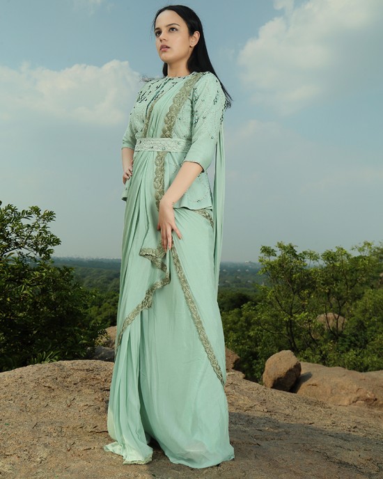 Mint Green Jacket paired with Drape Saree & Belt(IRA1009)
