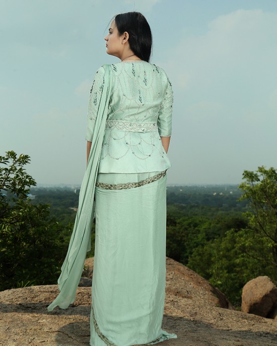 Mint Green Jacket paired with Drape Saree & Belt(IRA1009)
