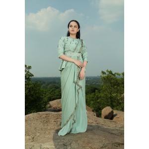 Mint Green Jacket paired with Drape Saree & Belt(IRA1009)