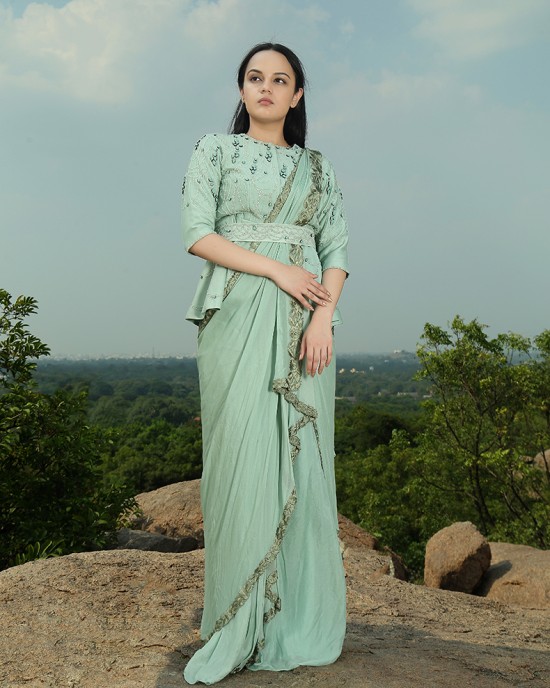 Mint Green Jacket paired with Drape Saree & Belt(IRA1009)
