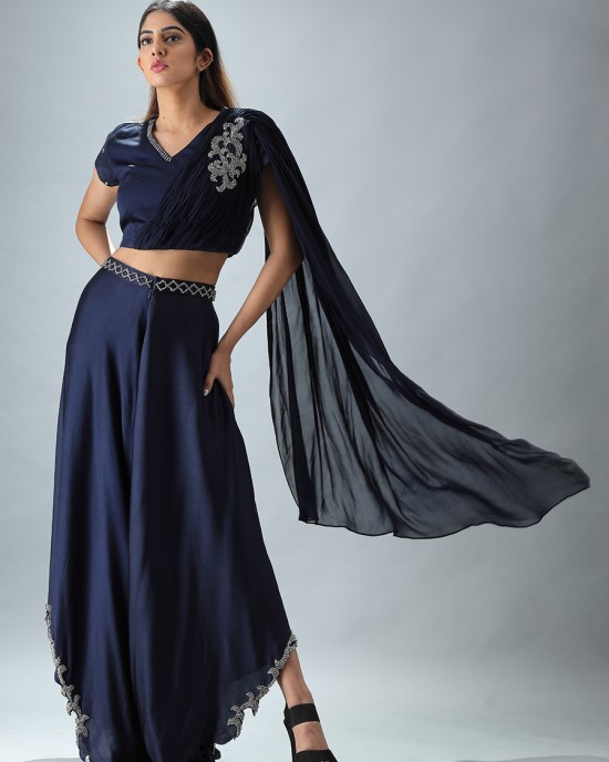Navy Blue Drape Crop Top with Flared Pallazo (MB1006)
