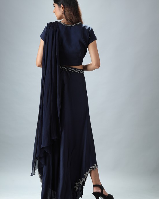 Navy Blue Drape Crop Top with Flared Pallazo (MB1006)