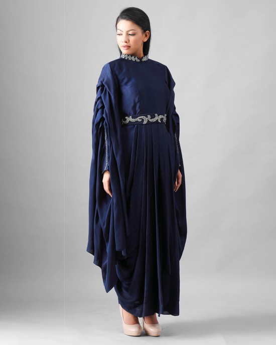 Navy Blue One Piece with Pleated Flaired Sleeves(MB1010)