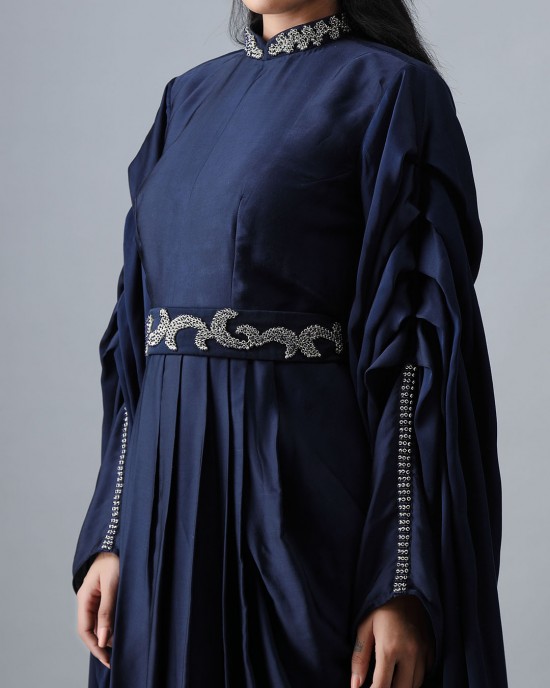 Navy Blue One Piece with Pleated Flaired Sleeves(MB1010)