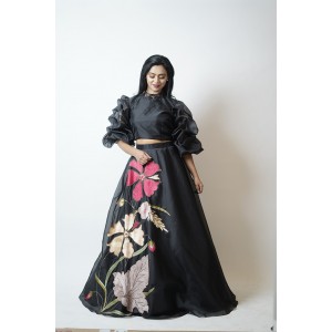 Black Crop top with tucked balloon sleeves paired with a skirt  (SDH1001)