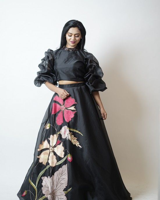 Black Crop top with tucked balloon sleeves paired with a skirt  (SDH1001)