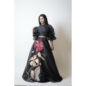 Black Crop top with tucked balloon sleeves paired with a skirt  (SDH1001)