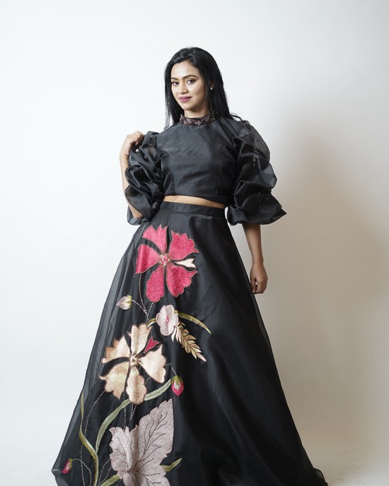 Black Crop top with tucked balloon sleeves paired with a skirt  (SDH1001)