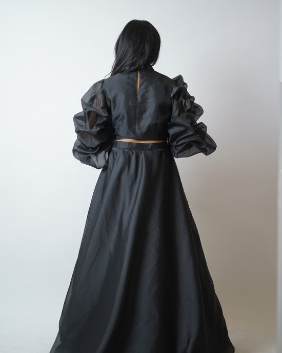 Black Crop top with tucked balloon sleeves paired with a skirt  (SDH1001)
