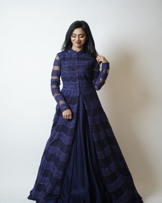 Berry Blue Heavily embroidered Anarkali paired with Gown (SDH1003)