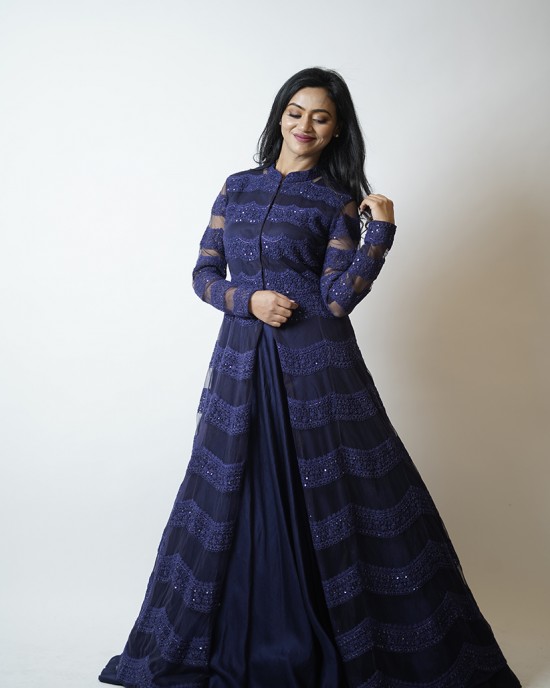 Berry Blue Heavily embroidered Anarkali paired with Gown (SDH1003)