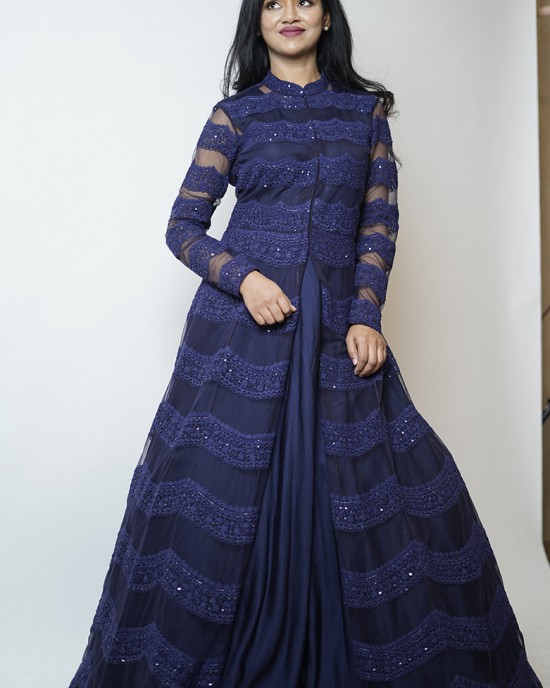 Berry Blue Heavily embroidered Anarkali paired with Gown (SDH1003)
