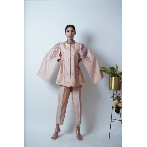 Peach Blazer with cape sleeves, paired with pencil pants (SDH1004)