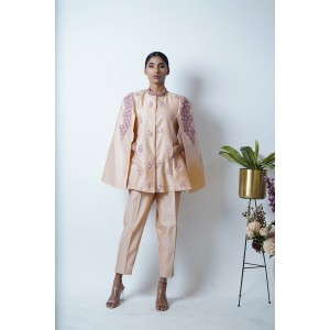 Peach Blazer with cape sleeves, paired with pencil pants (SDH1004)