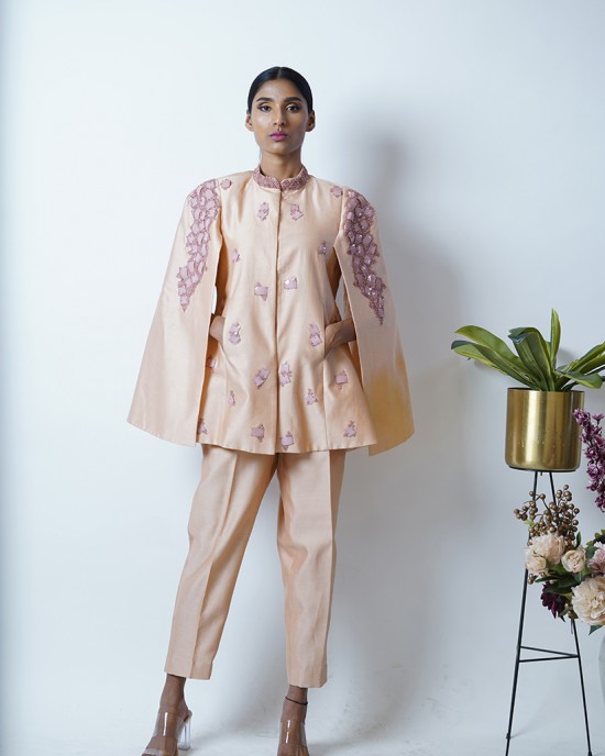 Peach Blazer with cape sleeves, paired with pencil pants (SDH1004)