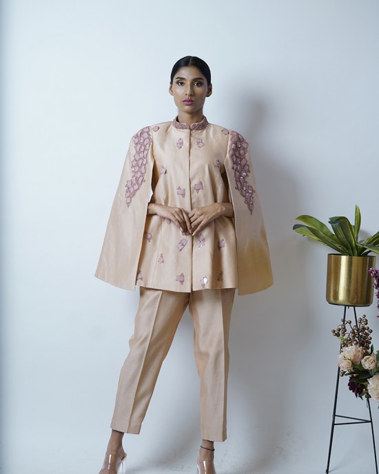 Peach Blazer with cape sleeves, paired with pencil pants (SDH1004)