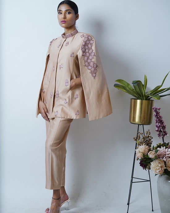 Peach Blazer with cape sleeves, paired with pencil pants (SDH1004)