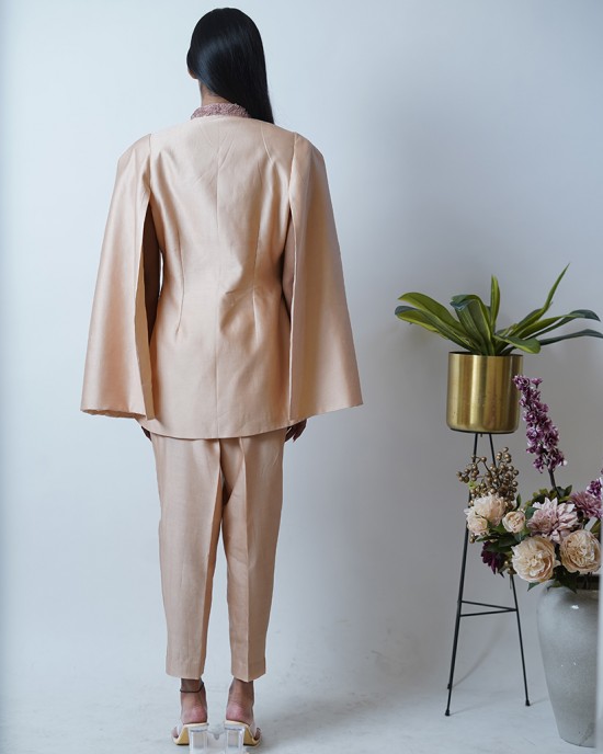 Peach Blazer with cape sleeves, paired with pencil pants (SDH1004)
