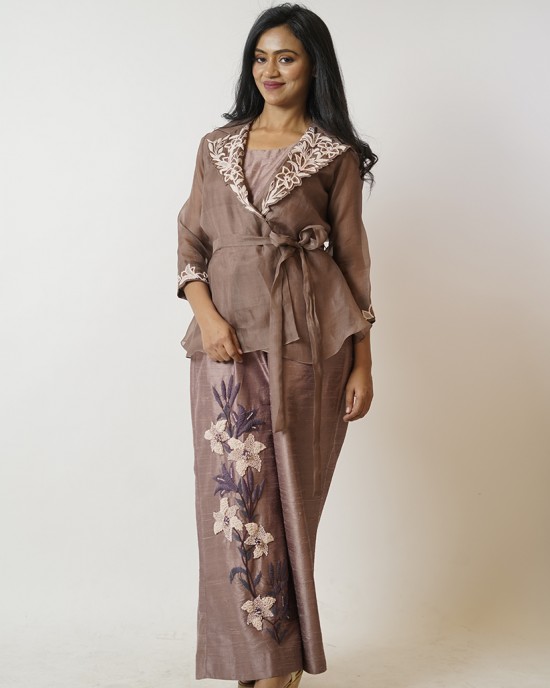 Chestnut Brown Jumpsuit paired with organza jacket (SDH1005)